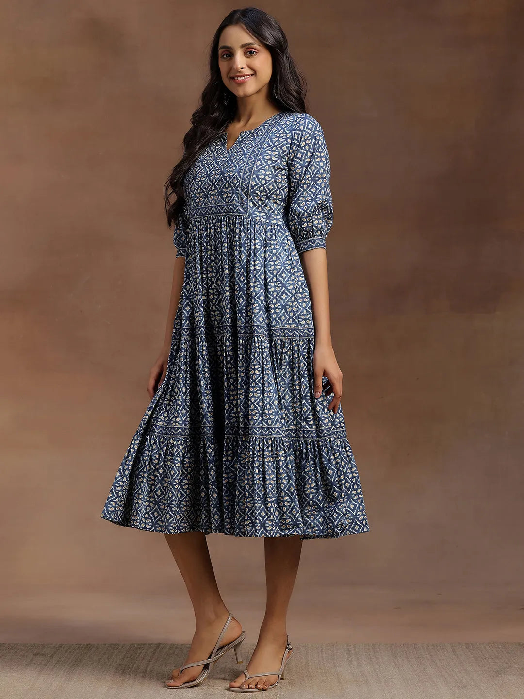  Blue Printed Cotton A-Line Dress 