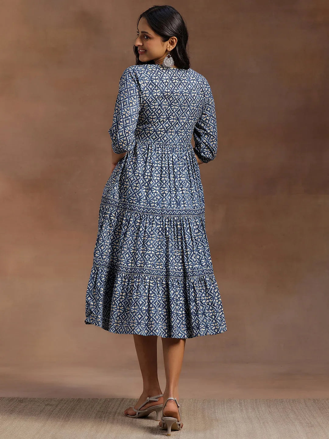  Blue Printed Cotton A-Line Dress 