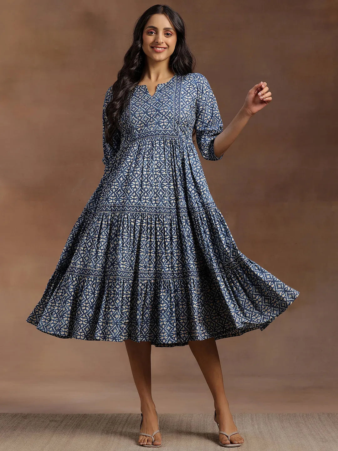  Blue Printed Cotton A-Line Dress 