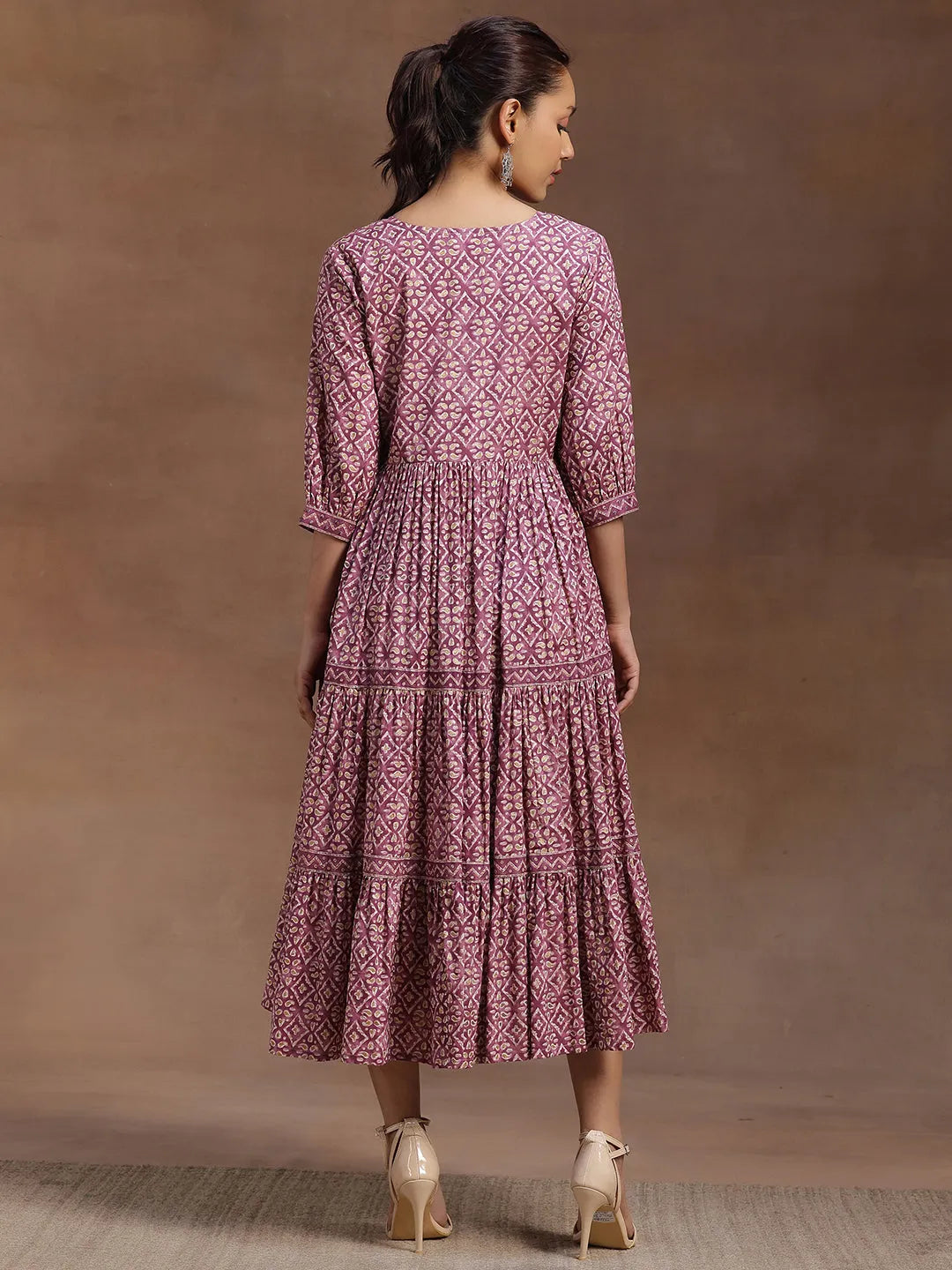  Purple Printed Cotton A-Line Dress 
