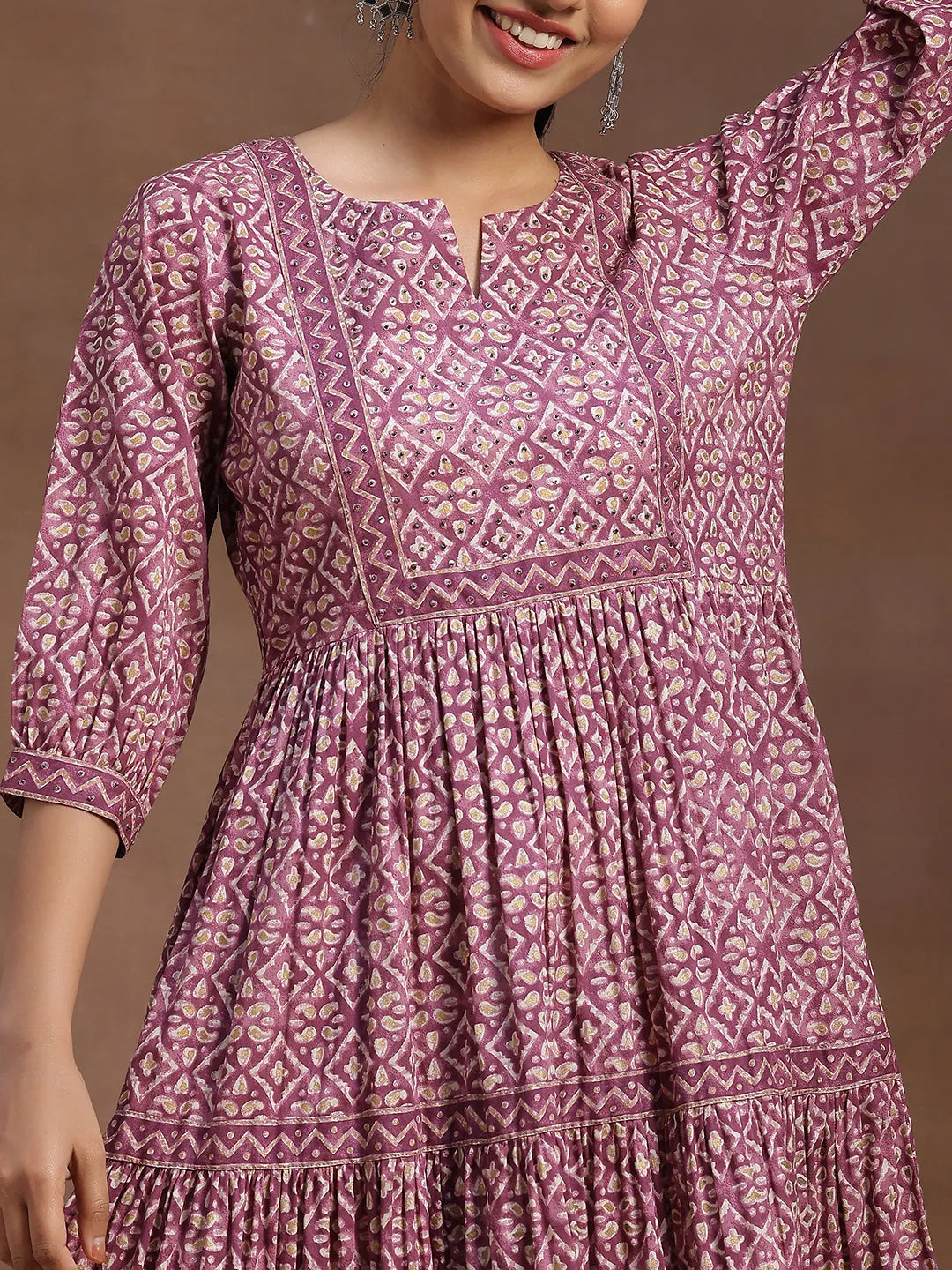  Purple Printed Cotton A-Line Dress 