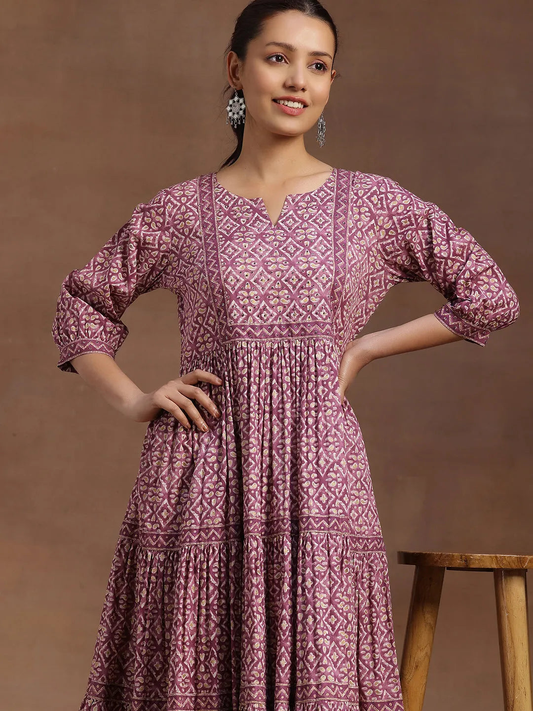  Purple Printed Cotton A-Line Dress 