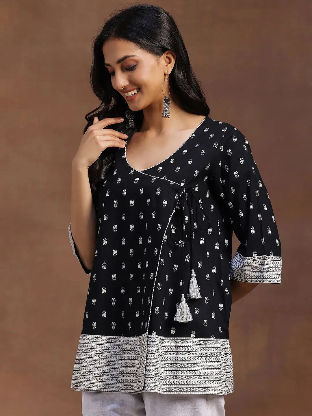  Black Printed Cotton A-line Kurti 