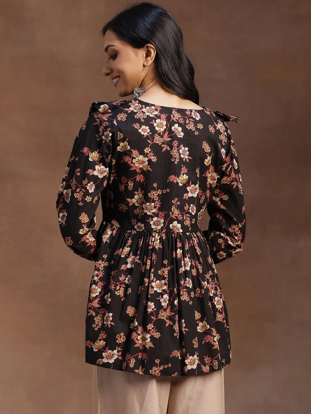  Black Printed Cotton A-line Kurti 