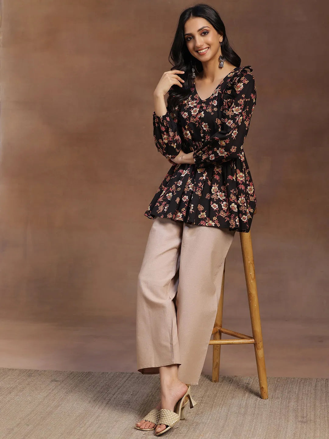  Black Printed Cotton A-line Kurti 