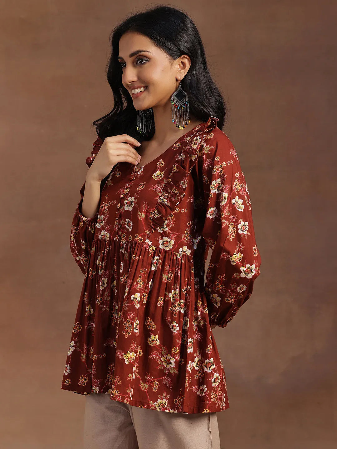  Rust Printed Cotton A-line Kurti 