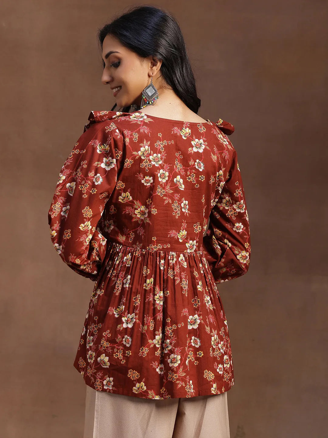 Rust Printed Cotton A-line Kurti 