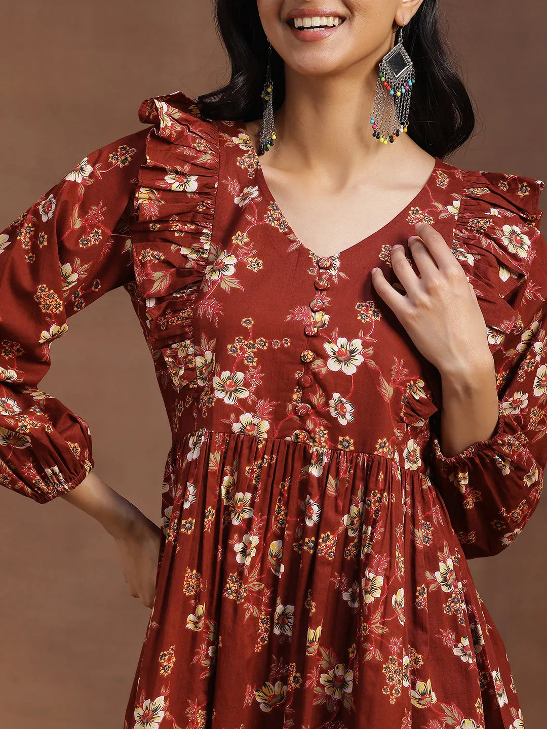  Rust Printed Cotton A-line Kurti 