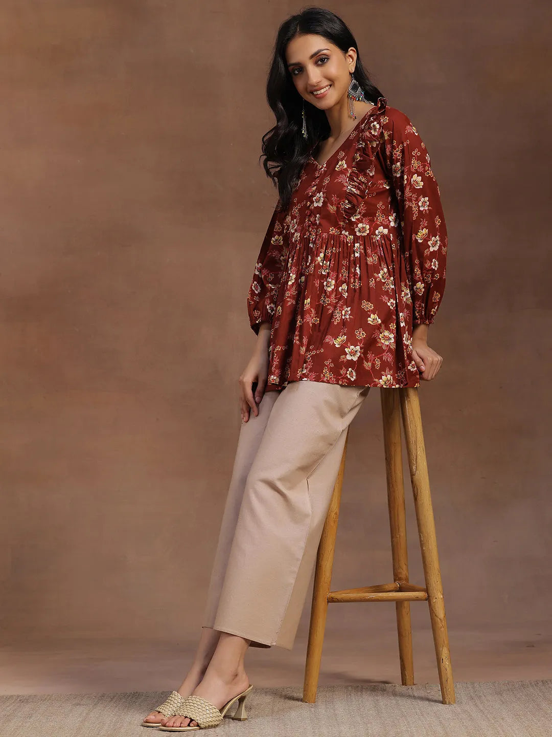  Rust Printed Cotton A-line Kurti 