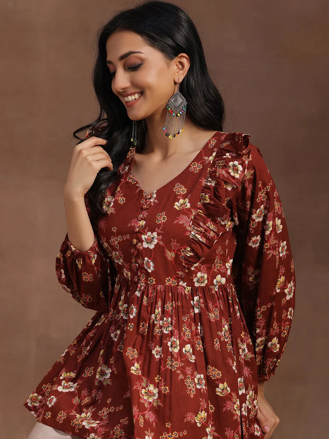  Rust Printed Cotton A-line Kurti 