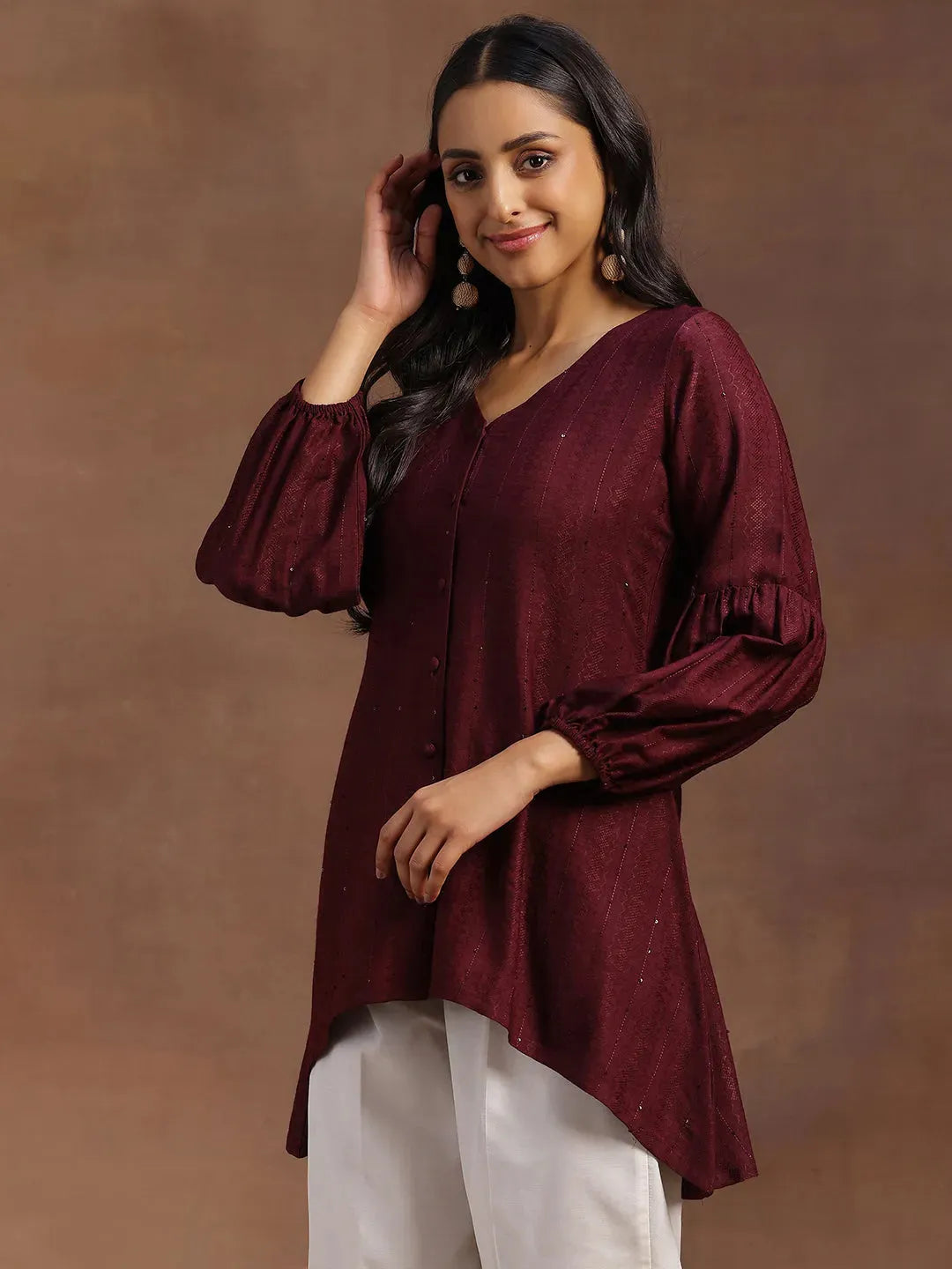  Wine Woven Design Silk Blend A-line Kurti 