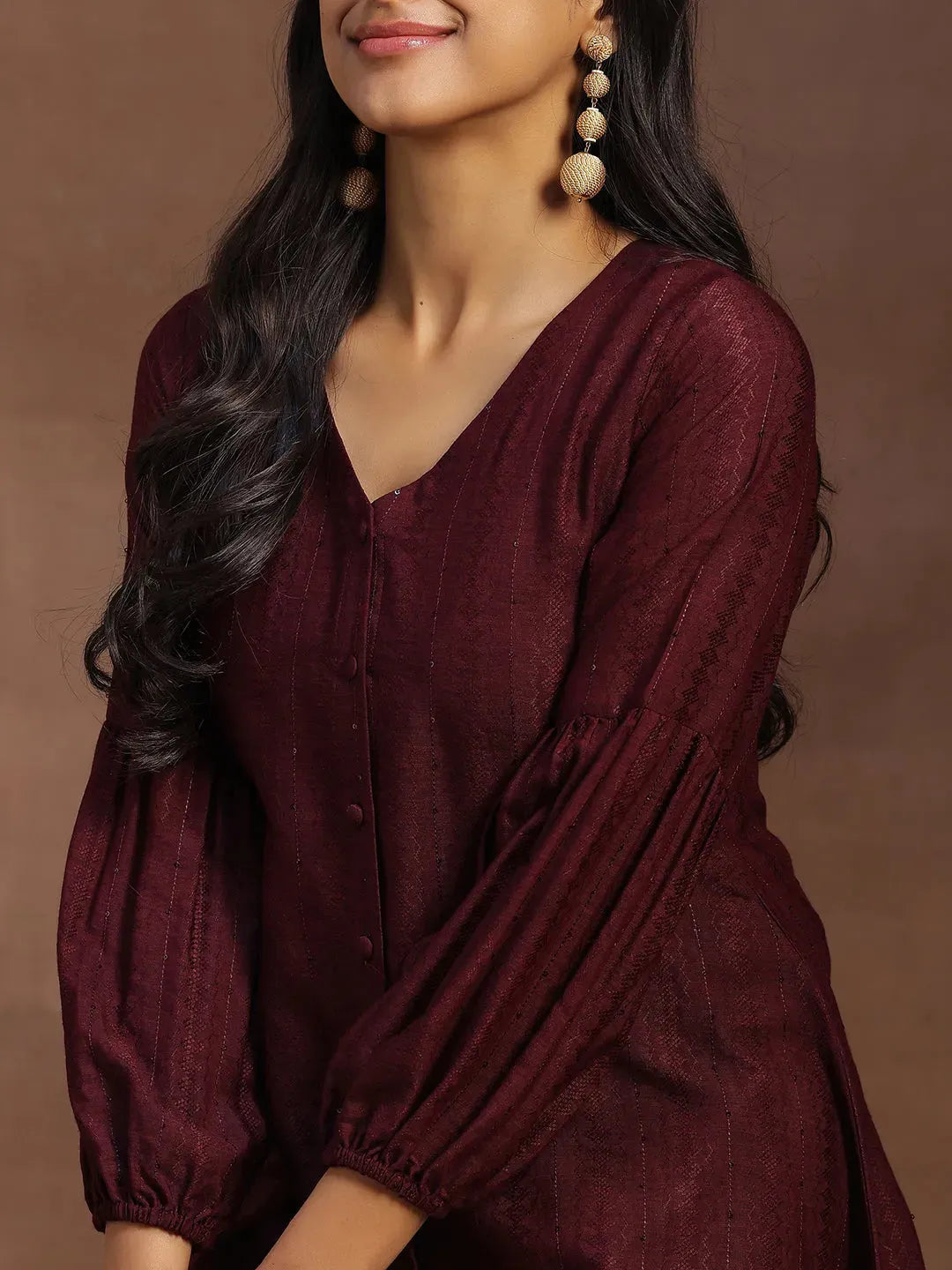  Wine Woven Design Silk Blend A-line Kurti 