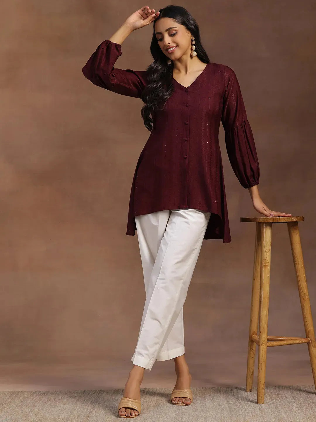  Wine Woven Design Silk Blend A-line Kurti 