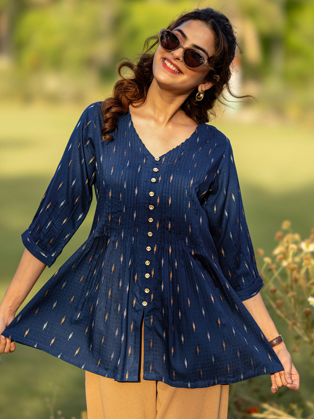 Blue Woven Design Cotton Blend A-line Kurti
