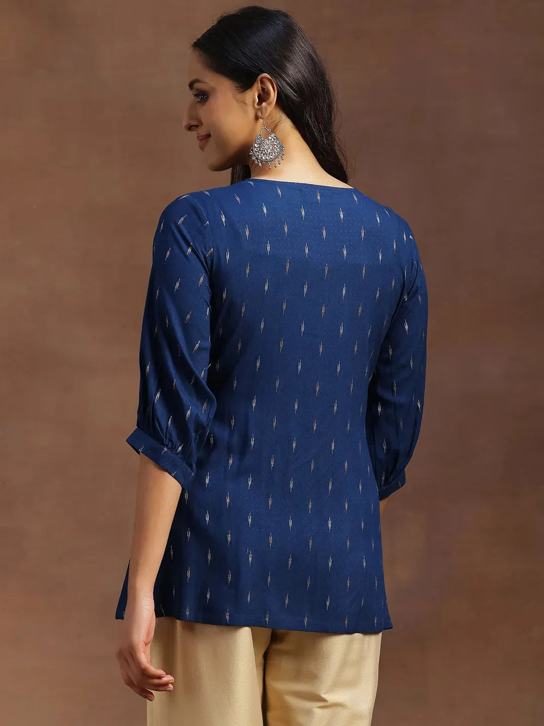  Blue Woven Design Cotton Blend A-line Kurti 