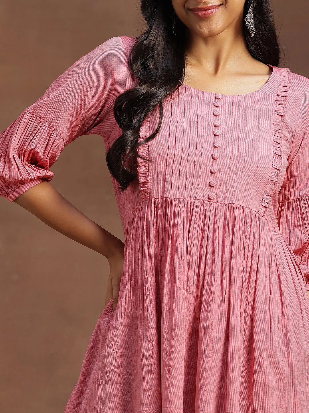  Pink Solid Cotton Blend A-line Kurti 