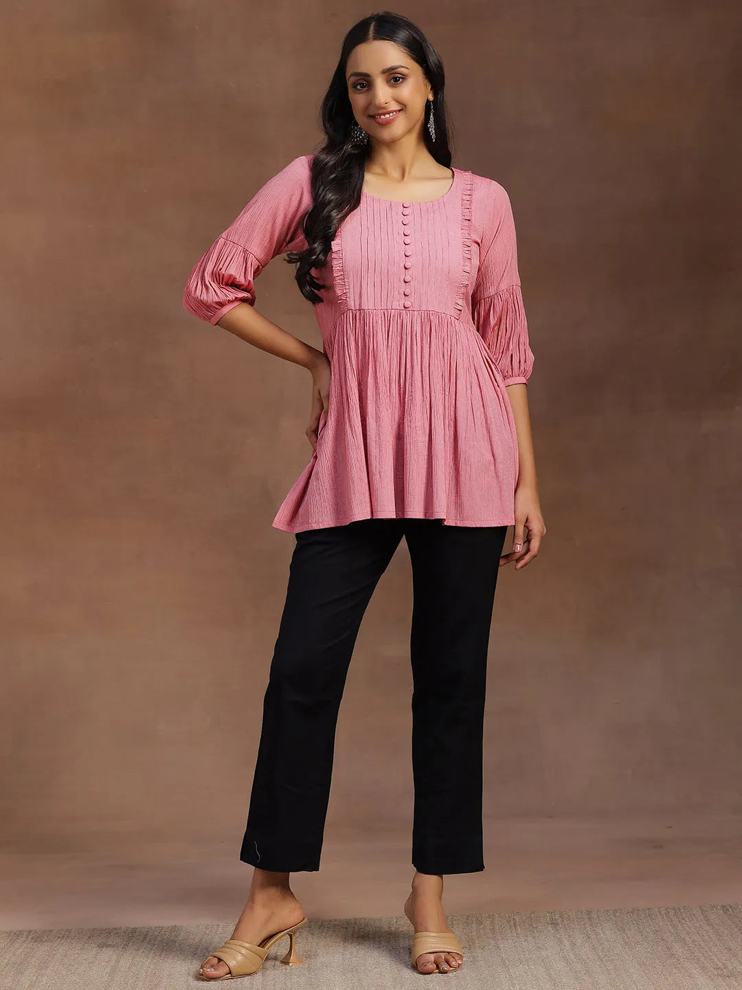 Pink Solid Cotton Blend A-line Kurti-image-15