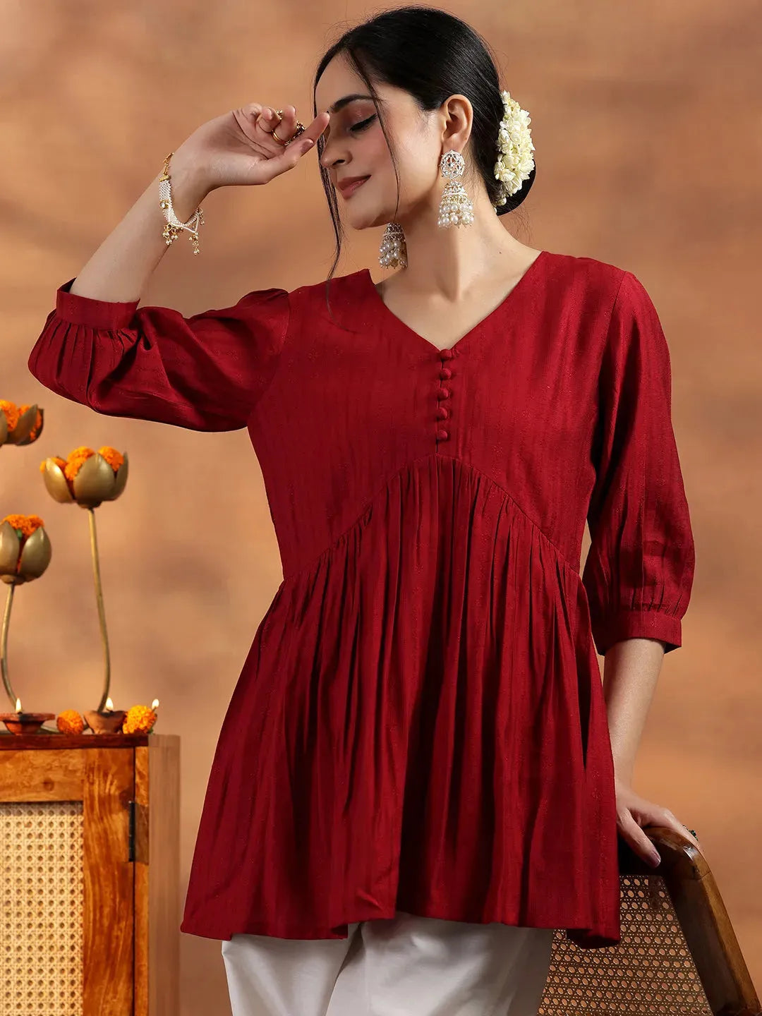 libas Red Woven Design Silk Blend A-line Kurti-picture-57