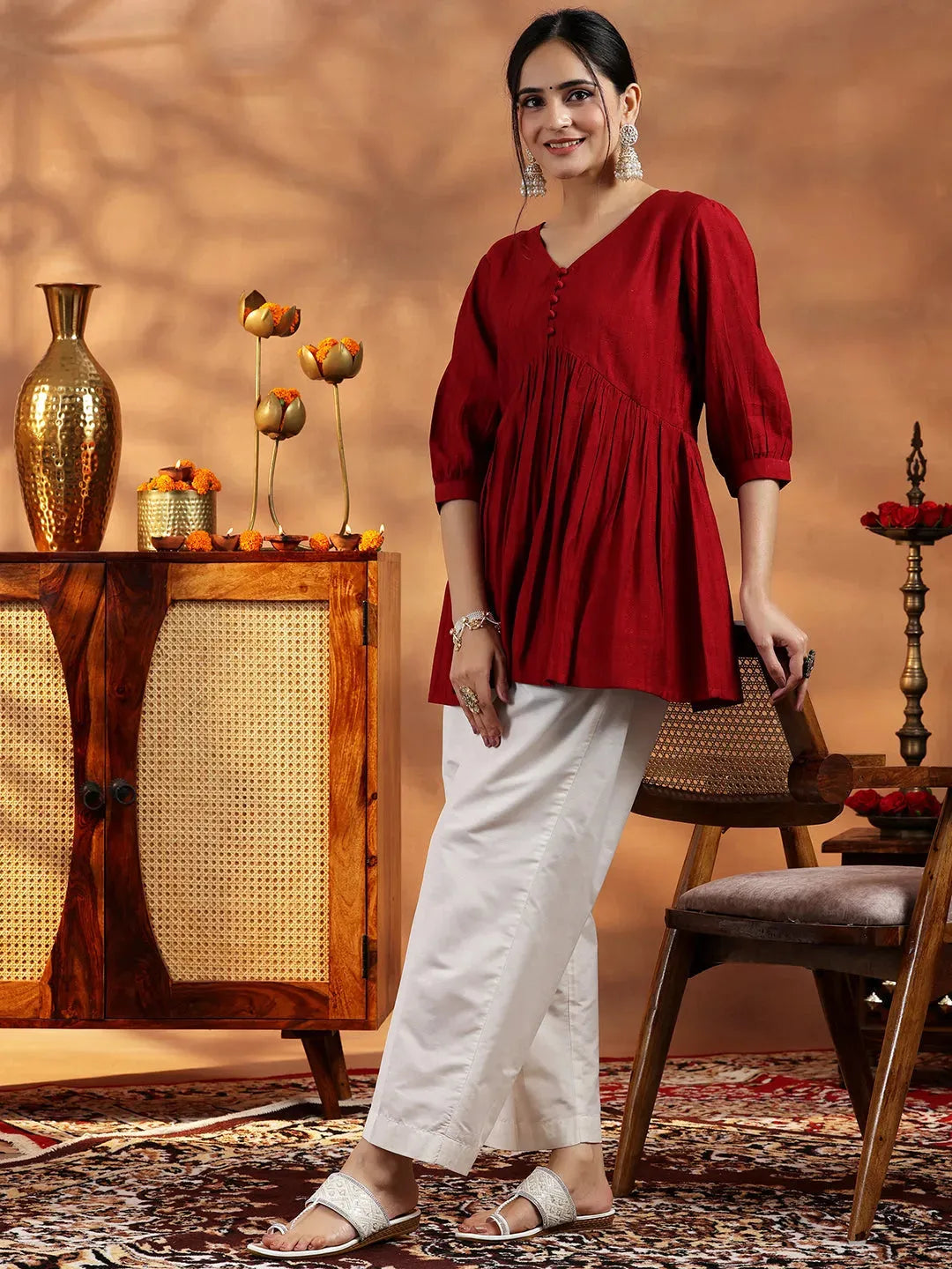  Red Woven Design Silk Blend A-line Kurti 