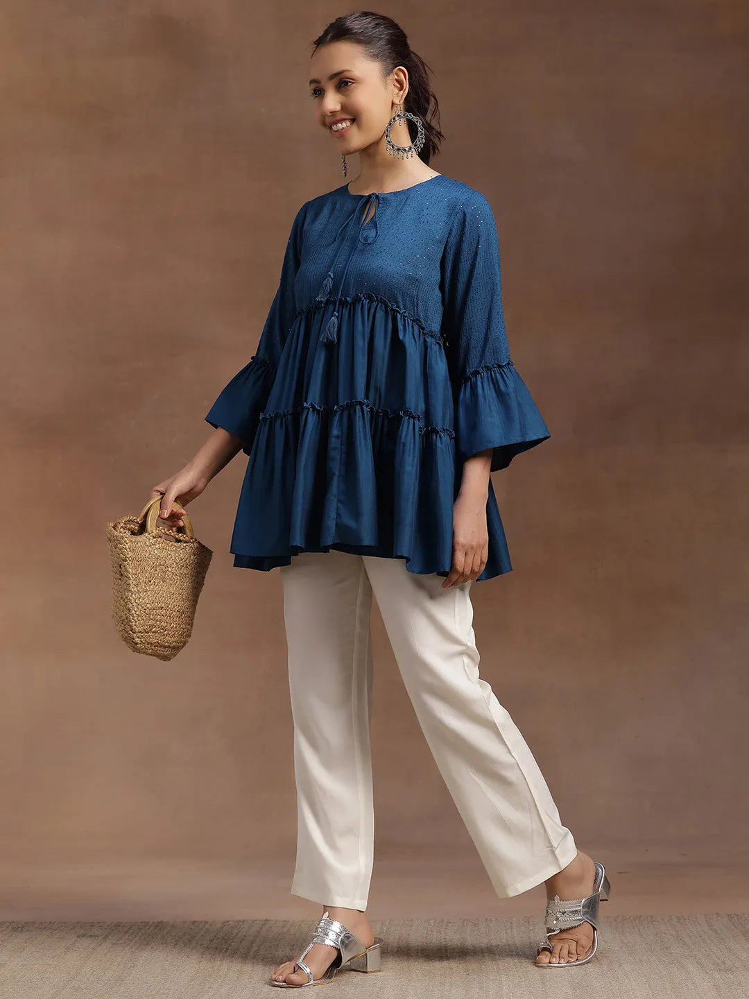  Blue Embellished Silk Blend A-line Kurti 