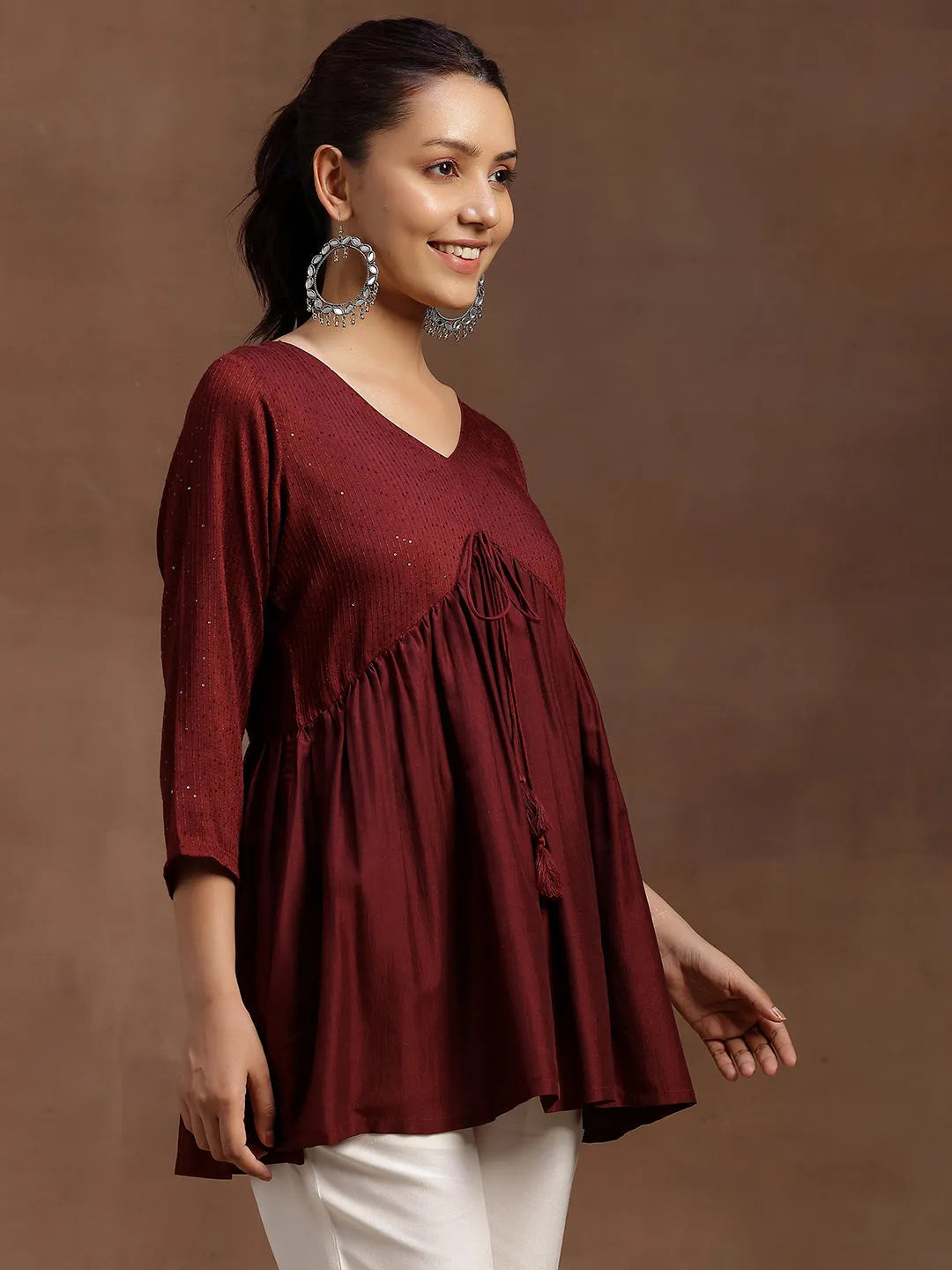  Wine Embellished Silk Blend A-line Kurti 