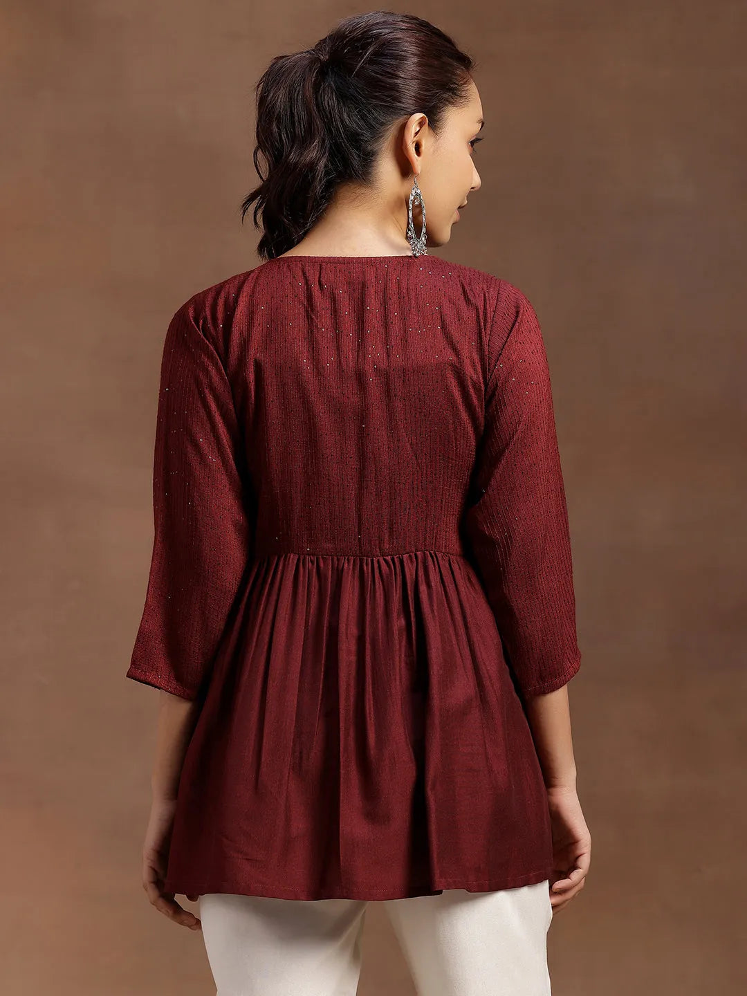  Wine Embellished Silk Blend A-line Kurti 