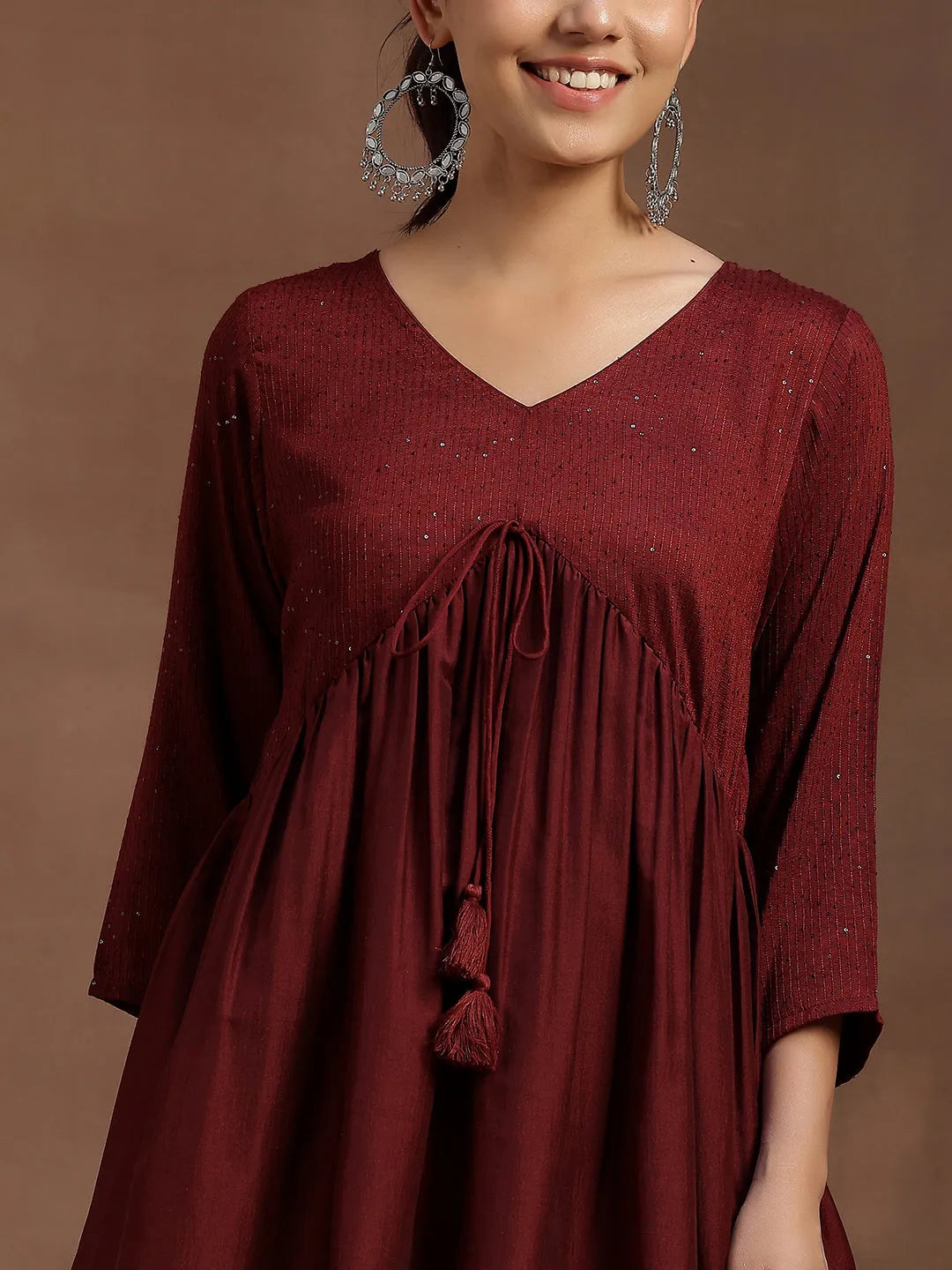  Wine Embellished Silk Blend A-line Kurti 