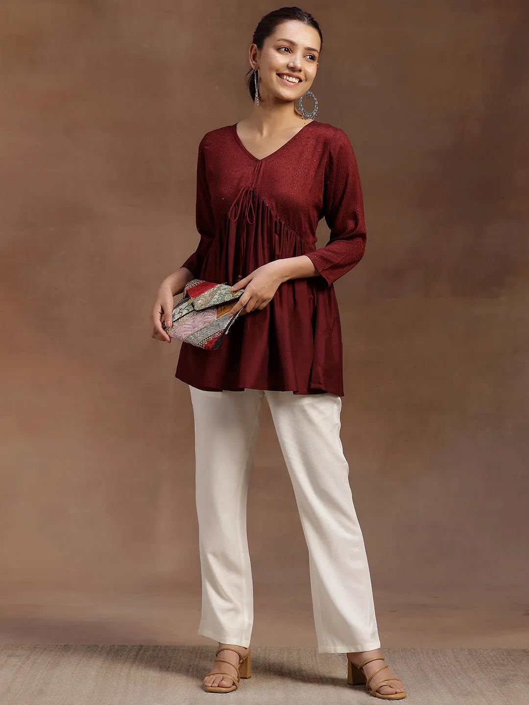  Wine Embellished Silk Blend A-line Kurti 