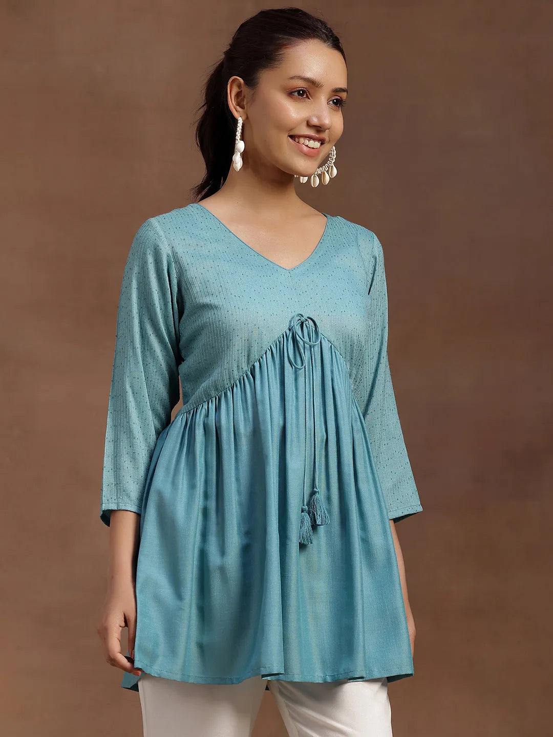  Sea Green Embellished Silk Blend A-line Kurti 