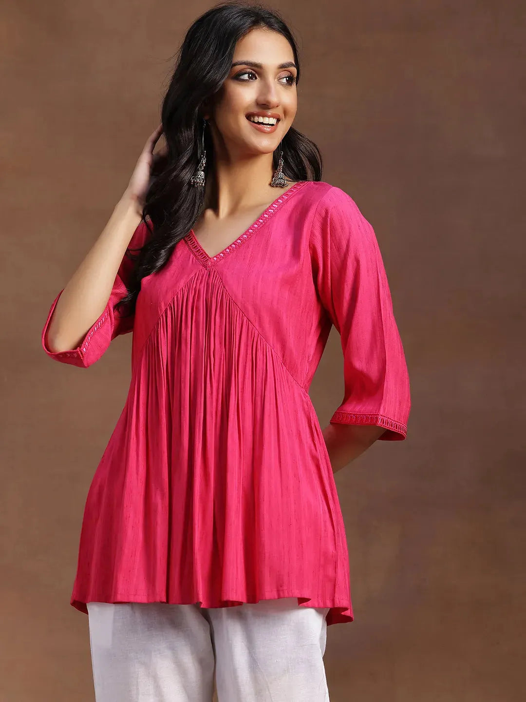  Pink Solid Rayon A-line Kurti 