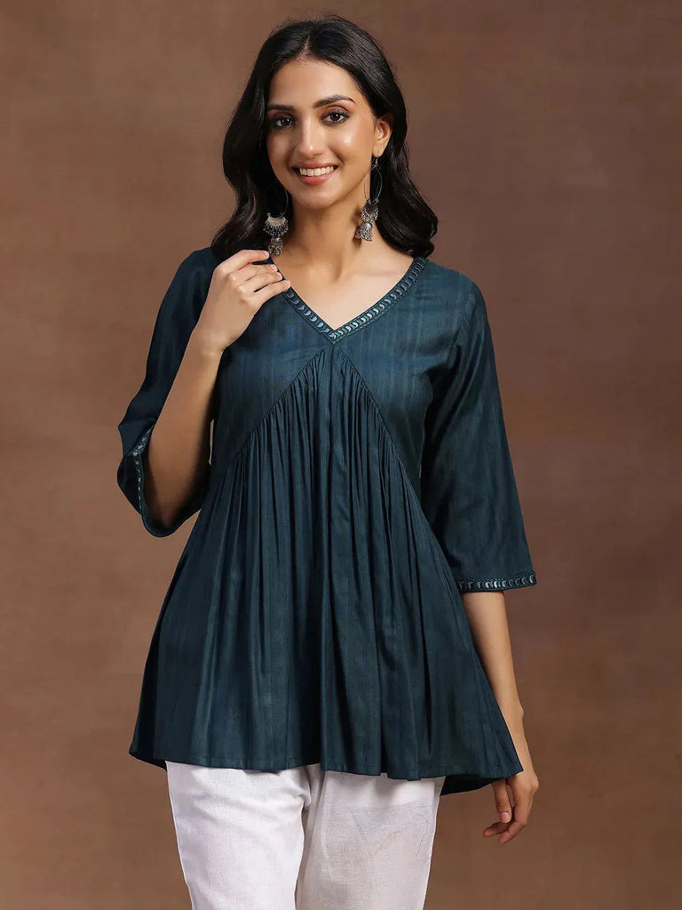 Libas Green Solid Rayon A-line Kurti
