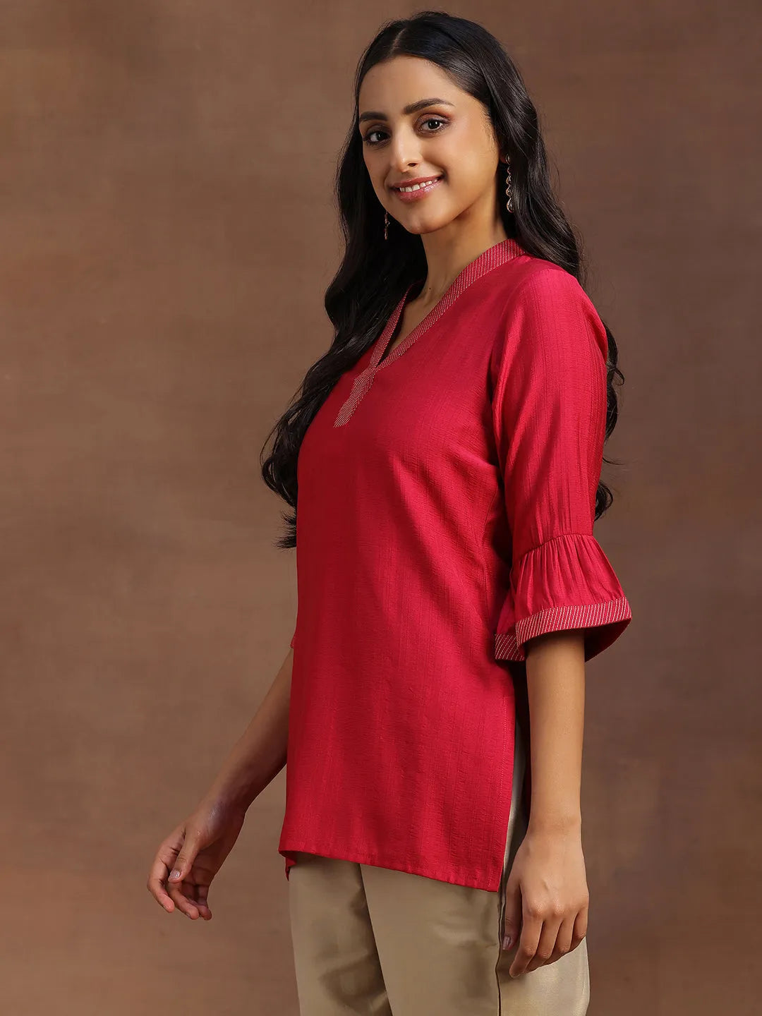  Pink Solid Silk Blend Straight Kurti 