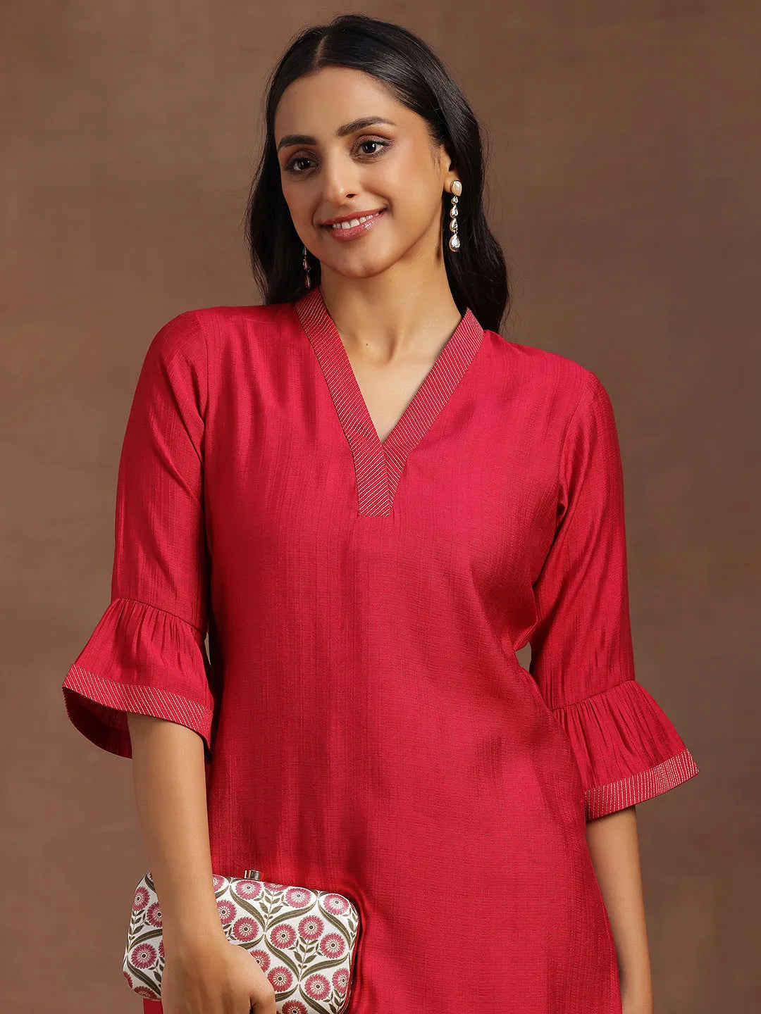  Pink Solid Silk Blend Straight Kurti 
