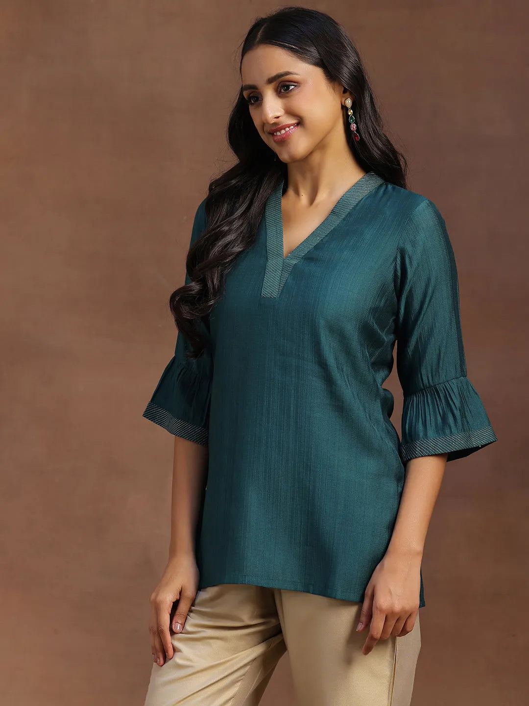  Green Solid Silk Blend Straight Kurti 