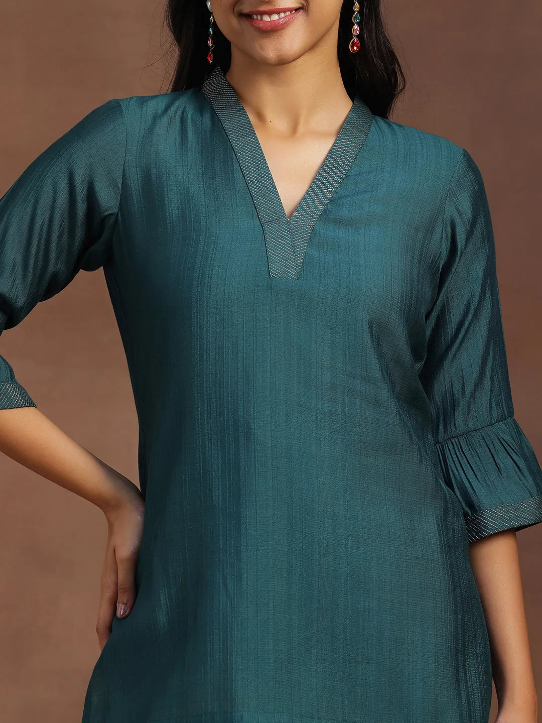  Green Solid Silk Blend Straight Kurti 