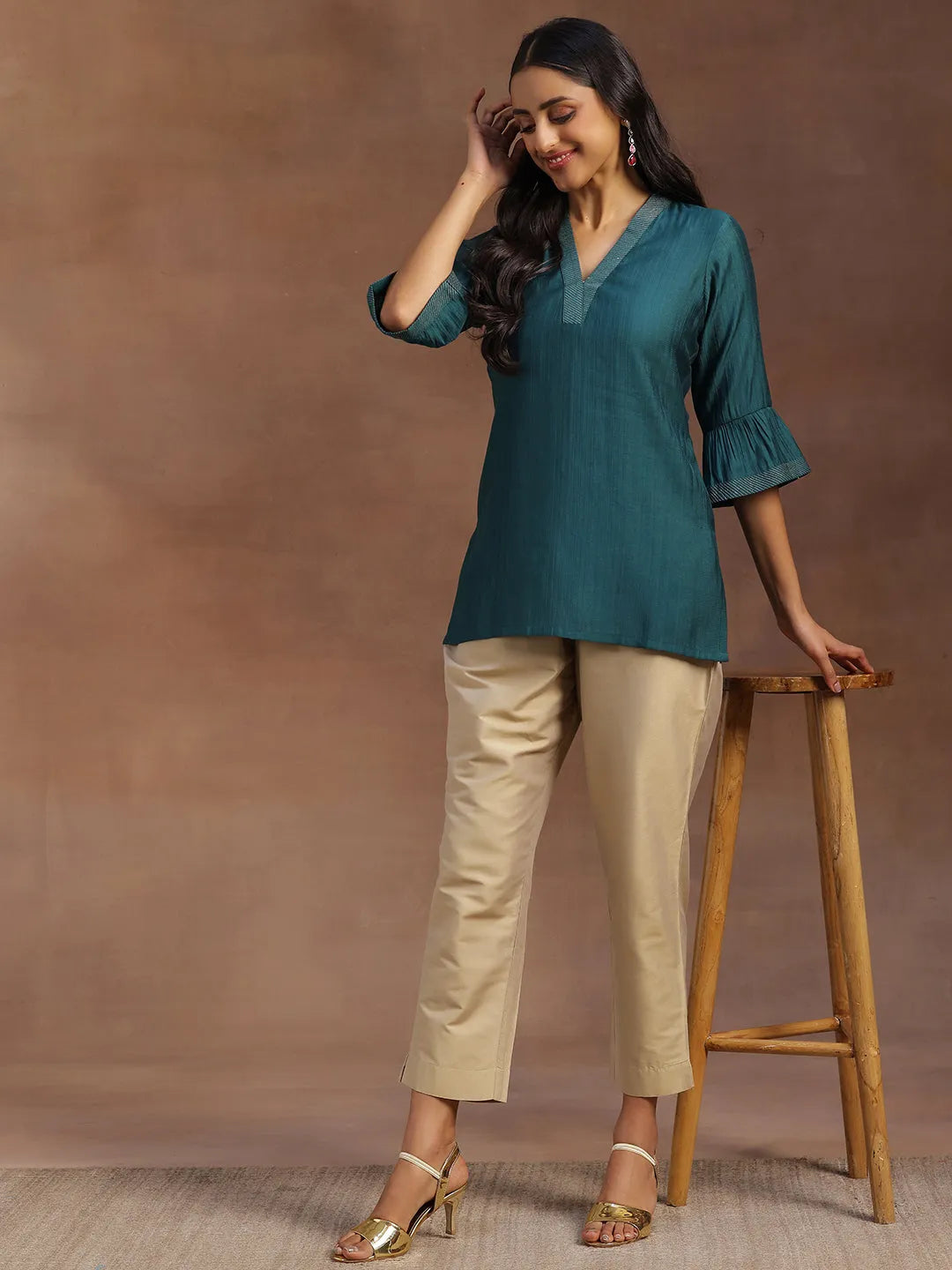  Green Solid Silk Blend Straight Kurti 