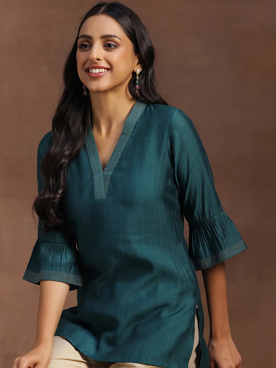  Green Solid Silk Blend Straight Kurti 