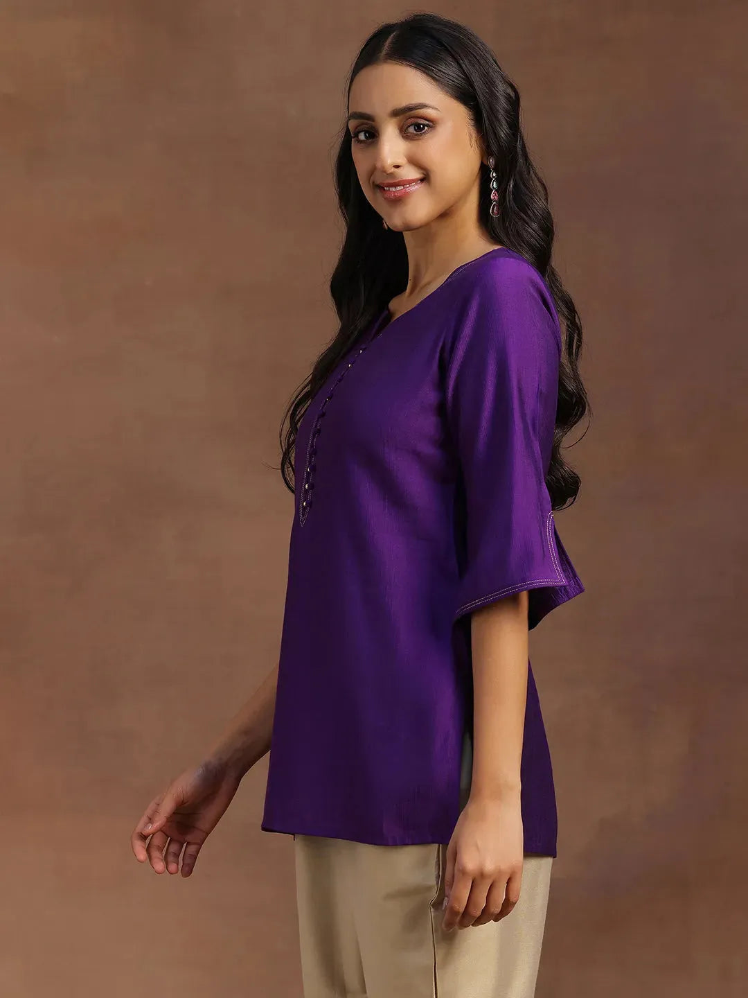 Purple Solid Silk Blend Straight Kurti 