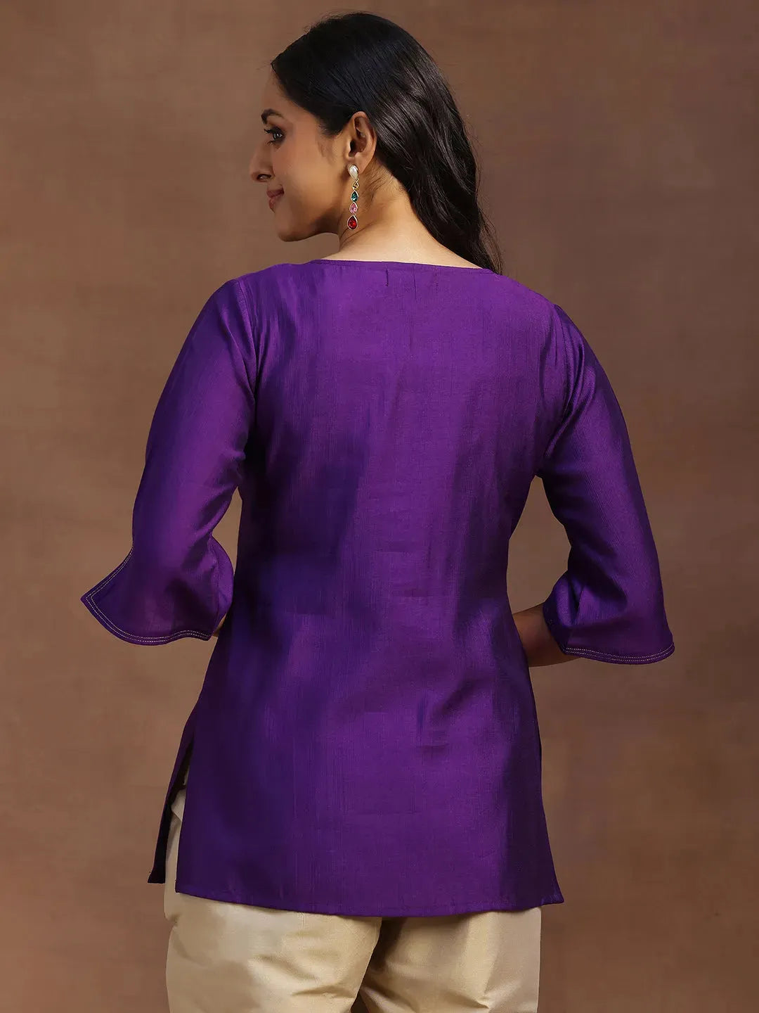  Purple Solid Silk Blend Straight Kurti 