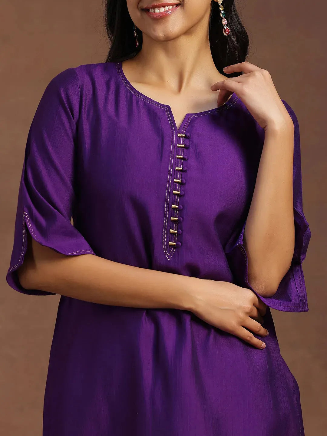  Purple Solid Silk Blend Straight Kurti 