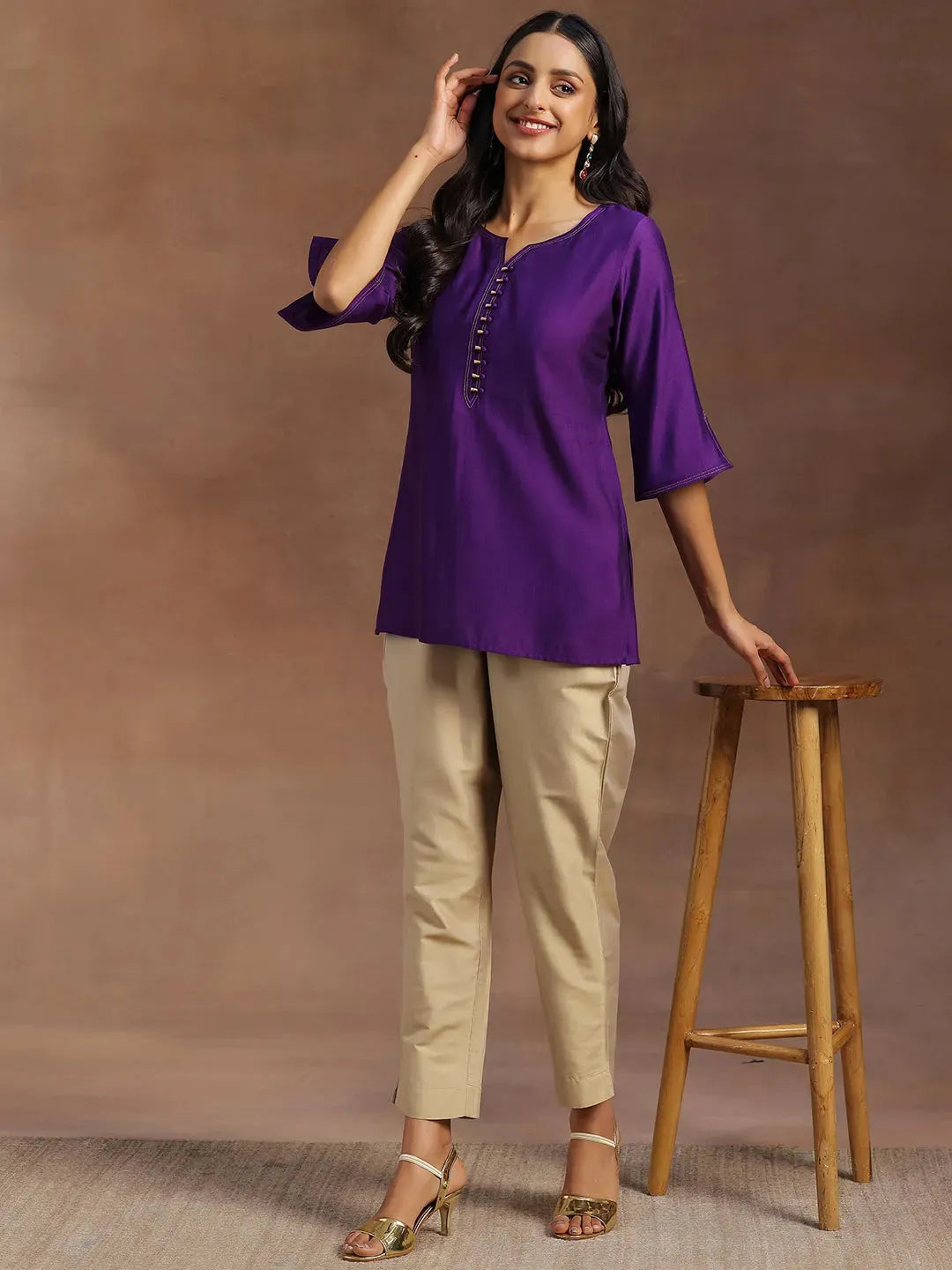  Purple Solid Silk Blend Straight Kurti 