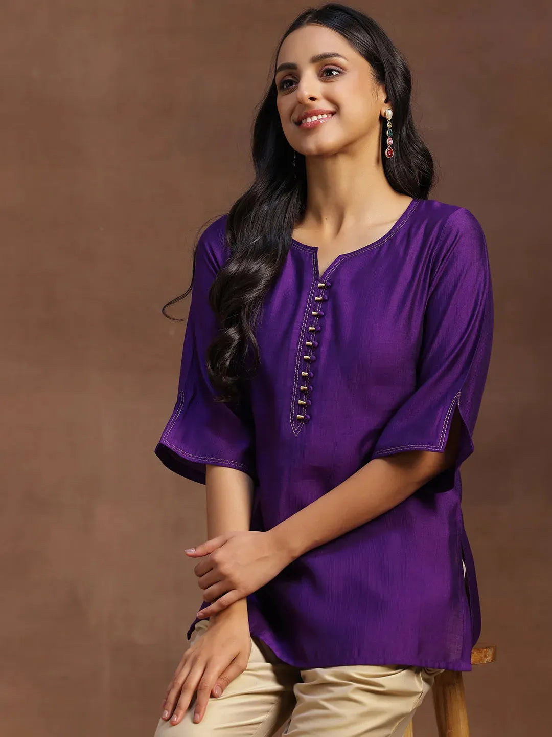  Purple Solid Silk Blend Straight Kurti 