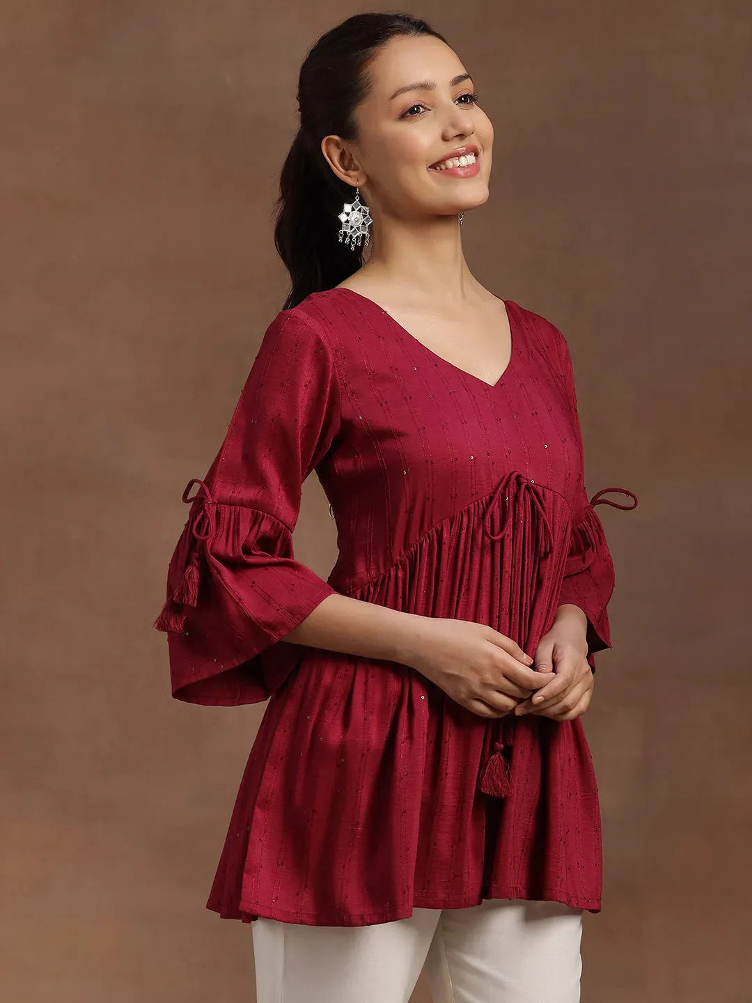  Wine Embellished Silk Blend A-line Kurti 