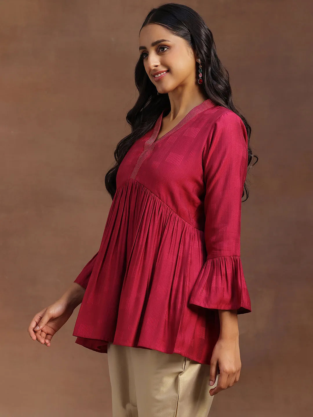  Magenta Woven Design Silk Blend A-line Kurti 
