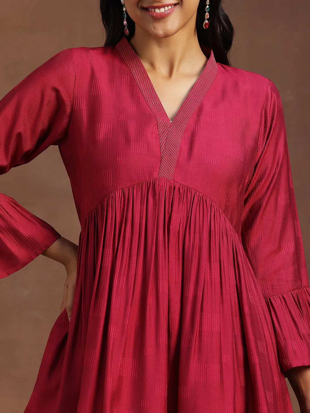  Magenta Woven Design Silk Blend A-line Kurti 