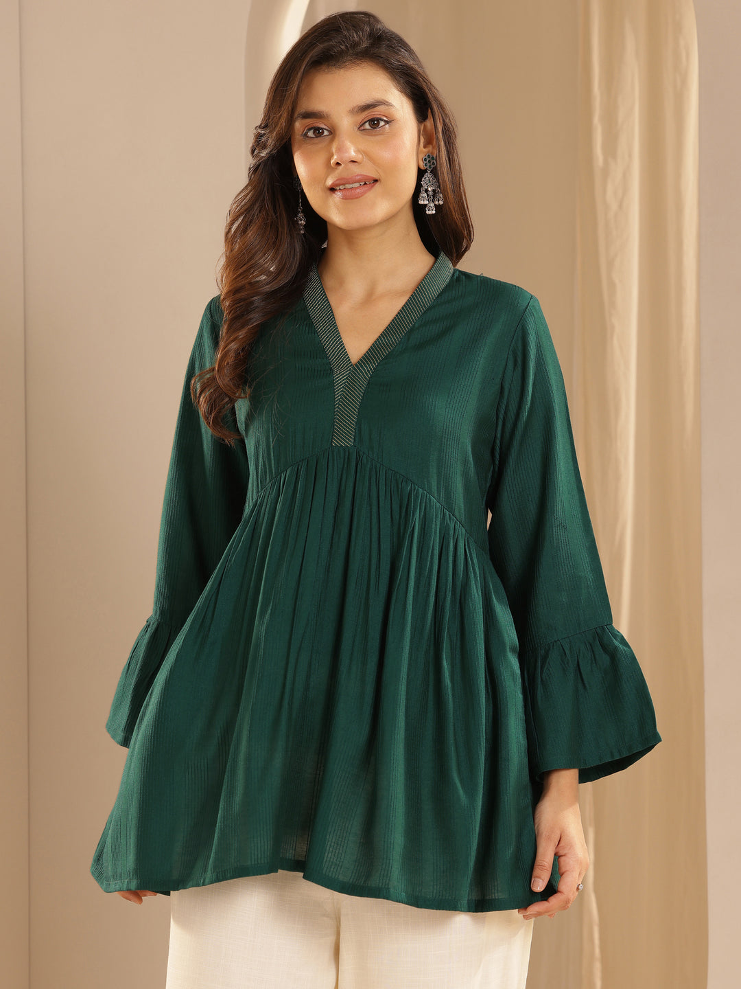  Green Woven Design Silk Blend A-line Kurti 