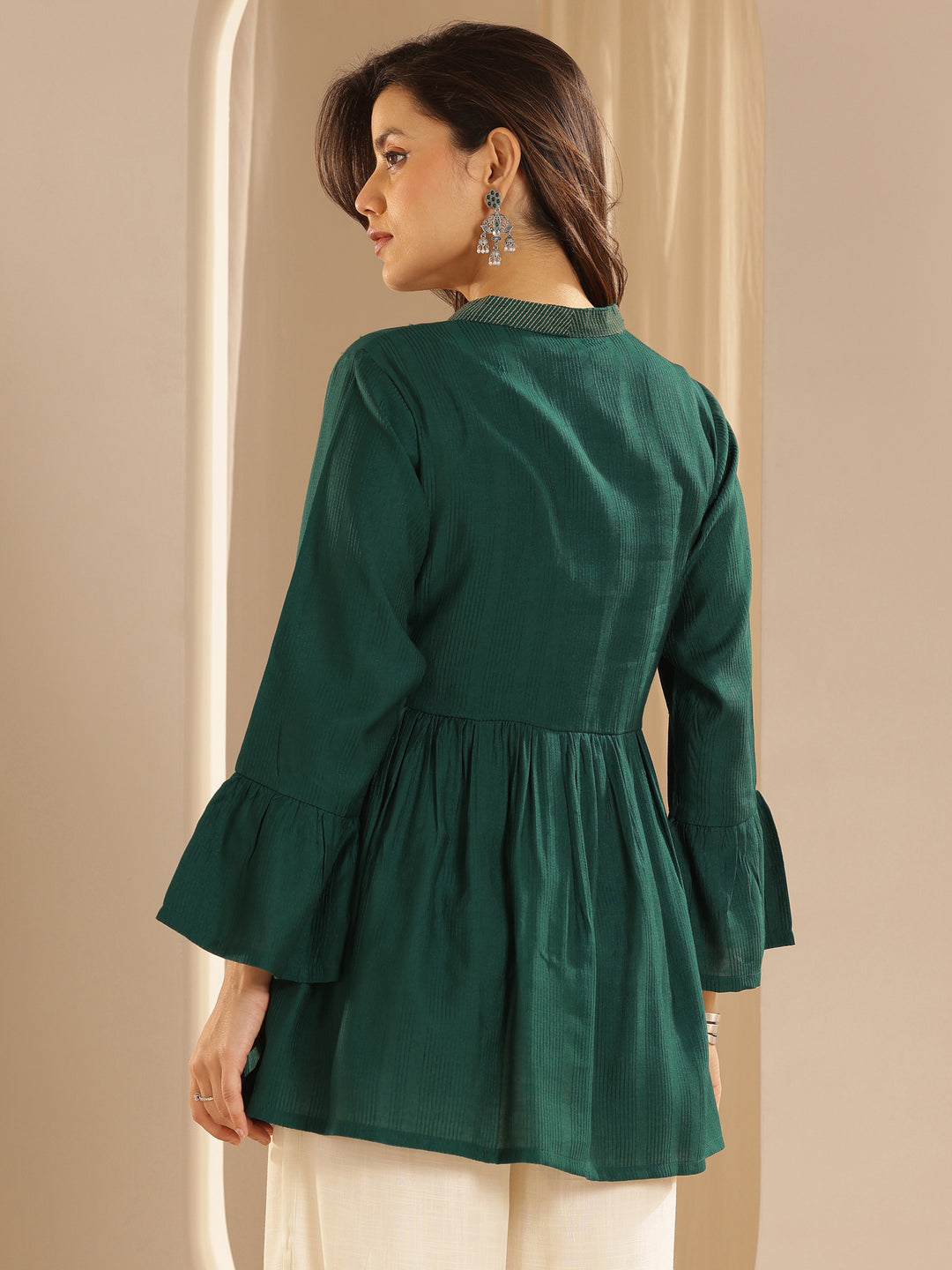  Green Woven Design Silk Blend A-line Kurti 