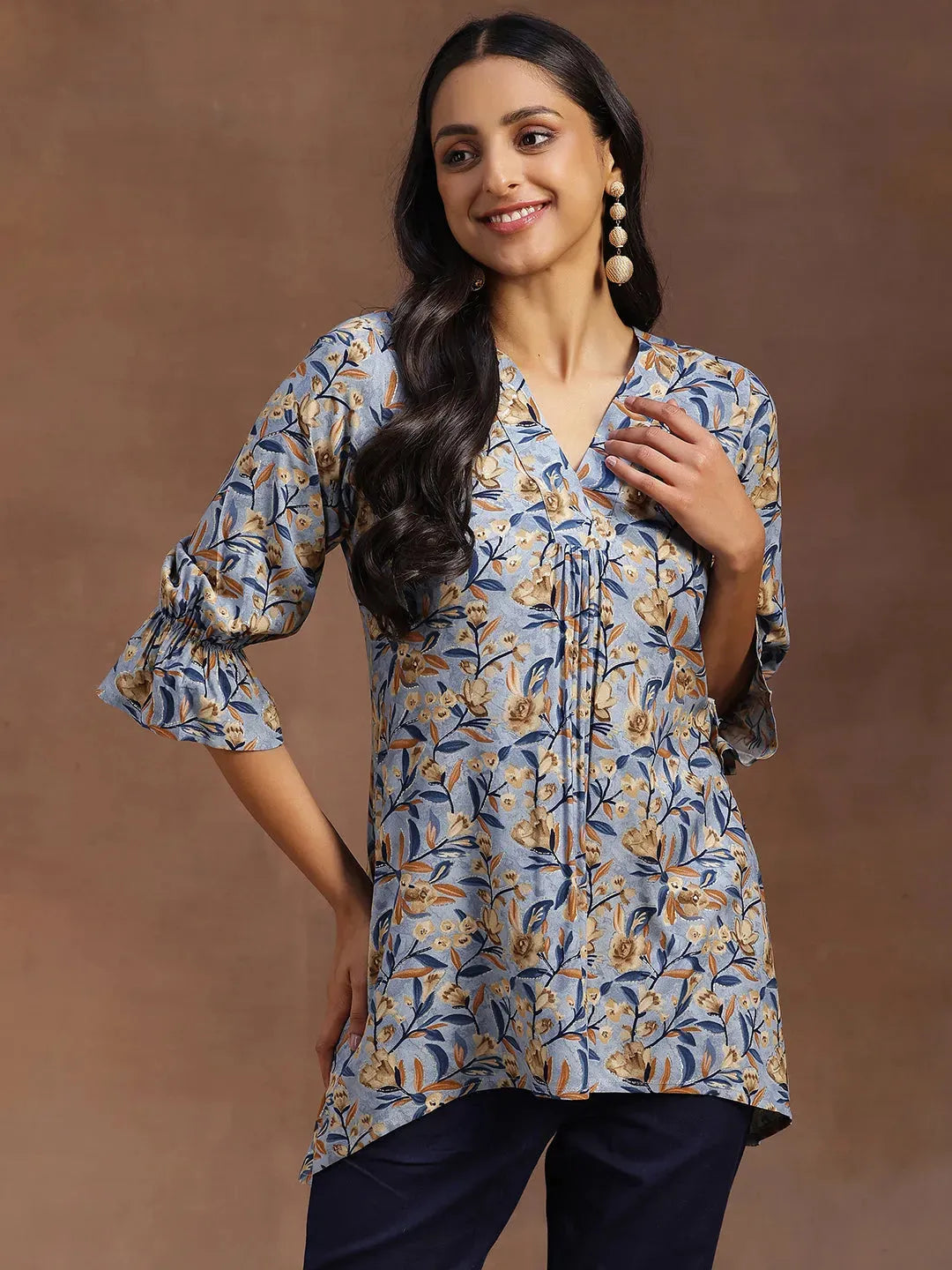libas Blue Printed Rayon A-line Kurti-picture-52