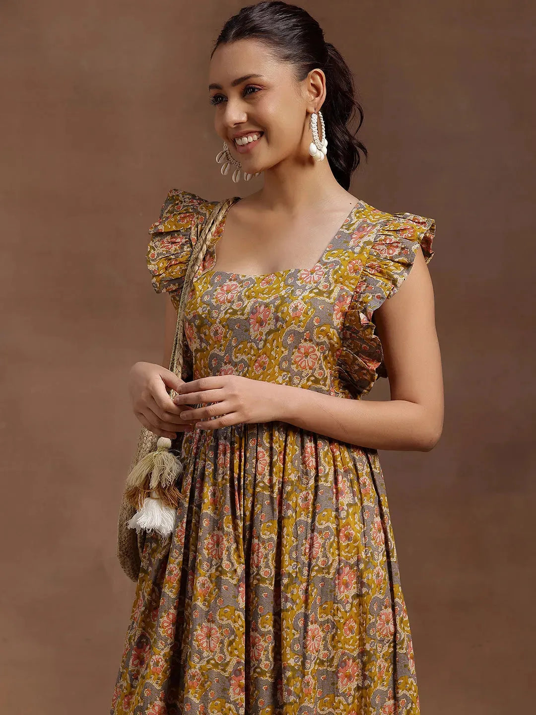  Mustard Printed Cotton Fit and Flare Dress 
