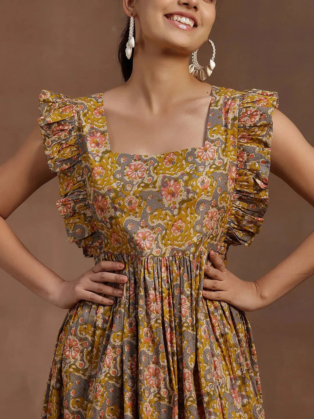  Mustard Printed Cotton Fit and Flare Dress 